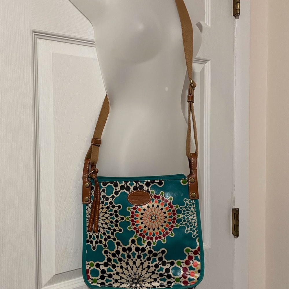 Fossil Blue and Tan Crossbody Bag with Geometric Design
